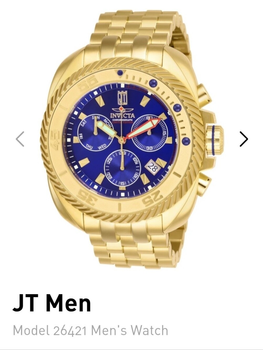 Invicta Gold Tone JT Watch with Blue Dial and Chronograph 50mm Model#26421